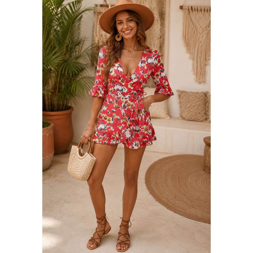 Zara Trafaluc Collection Floral Romper Jumpsuit Womens XS Boho Stretch